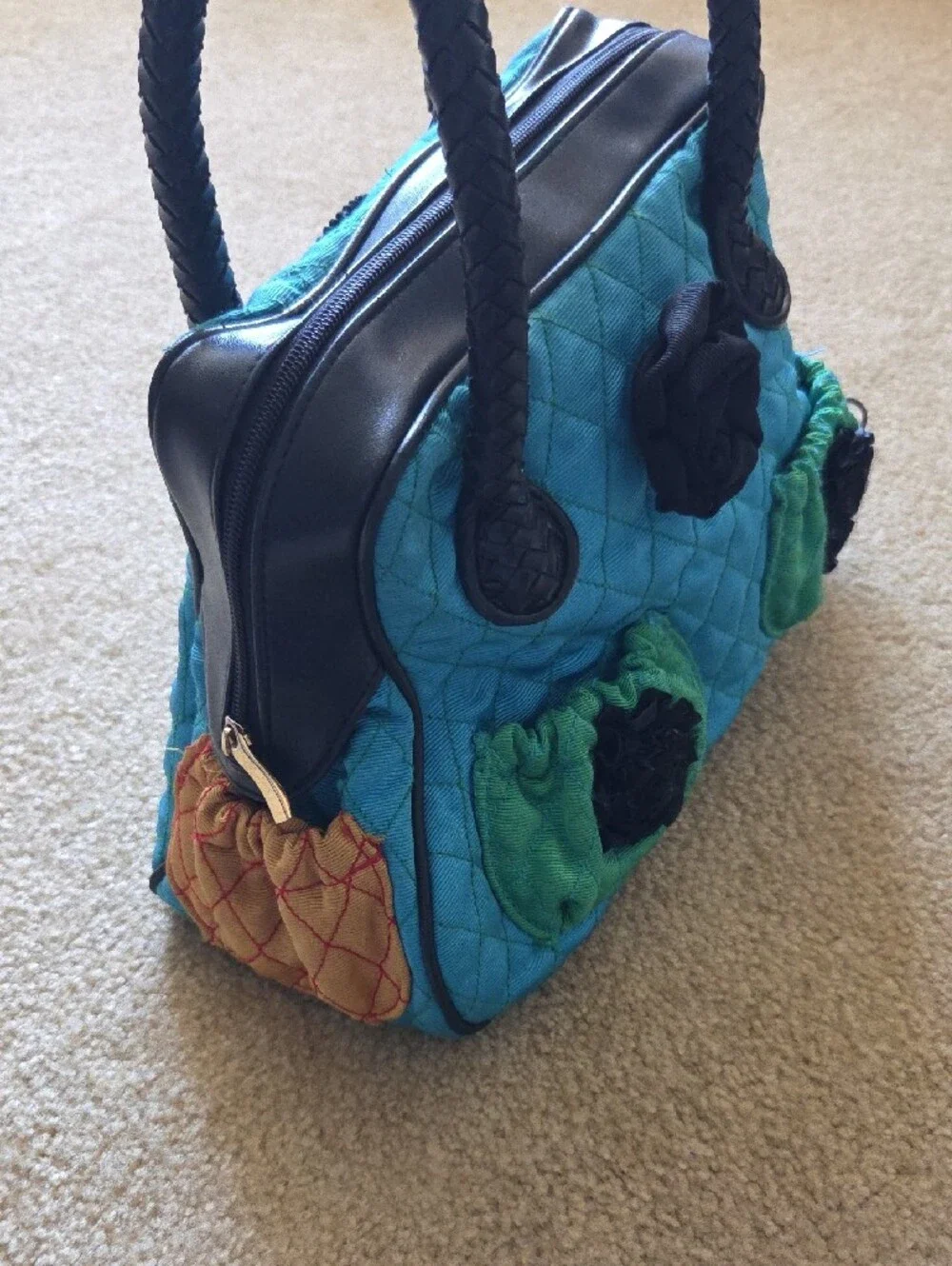 ANGELA FRASCONE Quilted Blue & Green Decorative Satchel Braided Black Handles